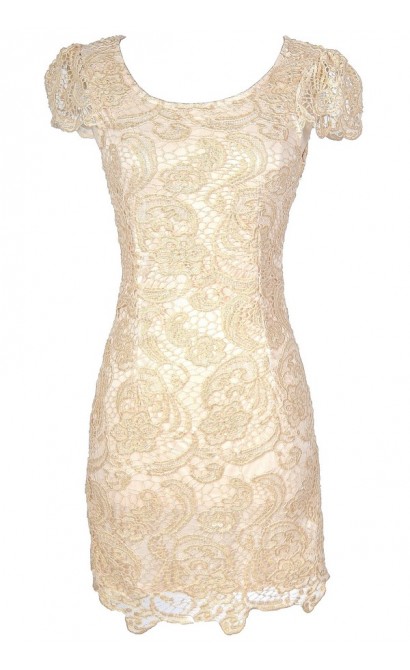 Nila Crochet Lace Capsleeve Pencil Dress in Beige Shimmer